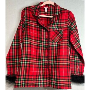 Wondershop Pajama Top Womens XS Red Plaid Faux Fur Trim Cotton Holiday Button Up